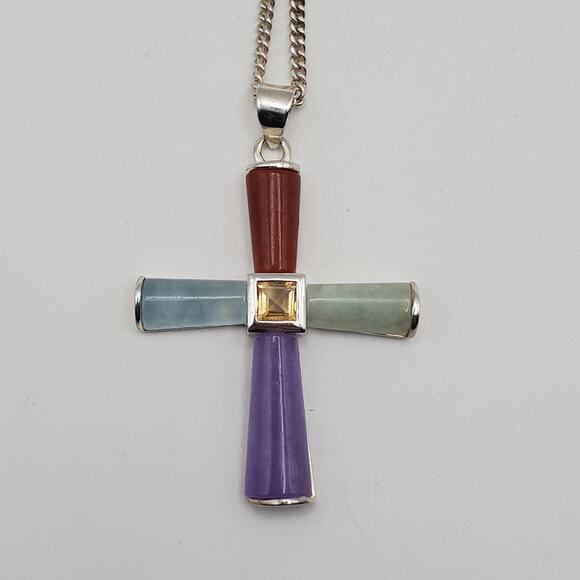 Sterling Silver Real Multicolor Jade Gem Cross Pendant w/ 24" Necklace - Picture 2 of 10